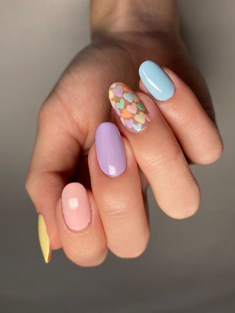 mix matched skittle pastel mani with candy heart accent nail for valentine’s day Sweet Tart Heart Nails, Sweet Tart Nails, Candy Heart Nail Art, Conversation Hearts Nails, Heart Candy Nails, Sweet Heart Nails, Pastel Heart Nails, Candyland Wedding, Conversation Heart Nails