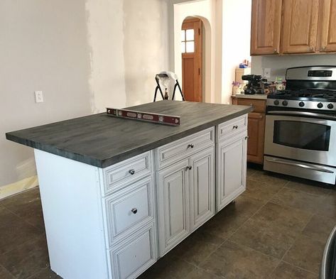 Dresser To Island Diy, Kitchen Island With Galvanized Metal, Kitchen Island Using Stock Cabinets, Stock Cabinet Island Diy, Kitchen Island With Barn Tin, Home Depot Cabinets, Builder Grade Kitchen, Cabinet Trim, Diy Storage Bench