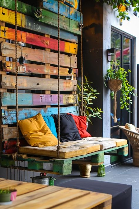 "Get creative with DIY Pallet Projects! 🛠️🌿 Transform simple wooden pallets into stunning furniture and decor pieces for your home and garden. Build unique coffee tables, planters, shelves, and more with budget-friendly materials. Embrace the satisfaction of crafting your own stylish and functional items. Discover endless possibilities with DIY pallet projects and add a personal touch to your space! ✨🔨 #DIYPalletProjects #CreativeCrafts #UpcycledDecor" Wood Pallet Chair, Palette Seating Outdoor, Pallet Outdoor Furniture Diy, Diy Pallet Seating Outdoor, Painted Pallets For Outside, Diy Projects With Pallets, Pallet Steps, Portuguese Villa, Pallet Furniture Indoor