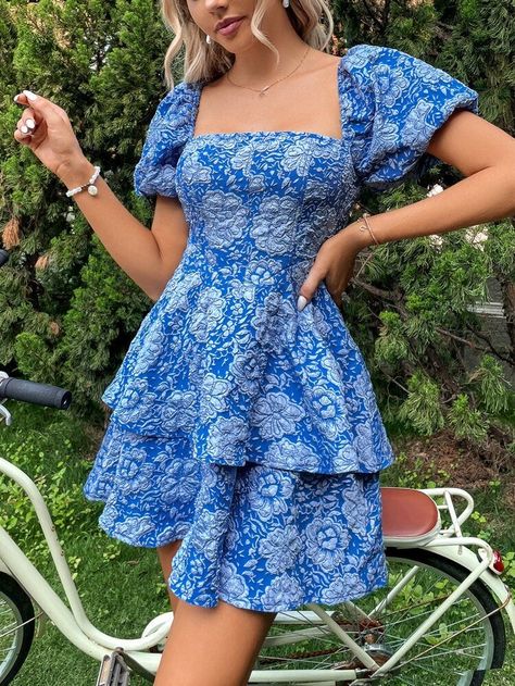 Chiffon Dress Short, Casual Sundress, Frock For Women, Picnic Dress, Floral Dresses Short, Ribbed Knit Dress, Short Dresses Casual, Frock Design, Blue Style