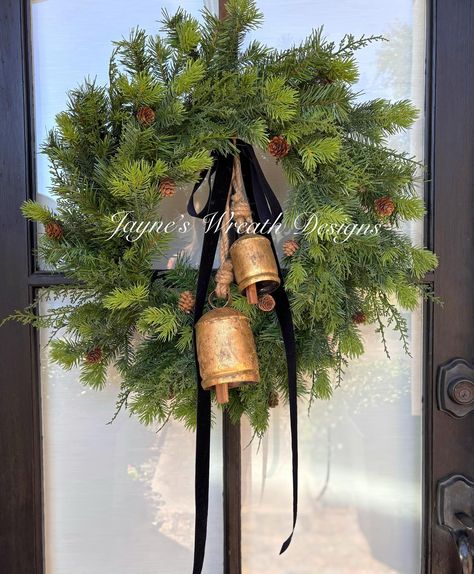 24” Cypress Wreath w/ Bells and Velvet Ribbon 🌲🌲🌲 (your choice of color/ style bells & ribbon) Christmas Wreath With Bells And Ribbon, Cypress Wreath, Christmas Wreath With Bells, Garland Front Door, Wreath With Bells, Simple Garland, Christmas Pinecones, Christmas Velvet, Velvet Ribbon