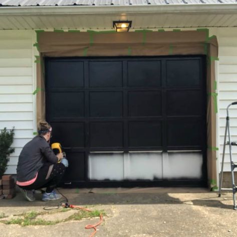 Painting Vinyl Garage Doors, How To Paint A Garage Door Black, How To Paint A Garage Door, Painting Garage Door Black, Paint Garage Door, Painted Garage Door, Small Garage Door, Black Garage Door, Wagner Paint Sprayer