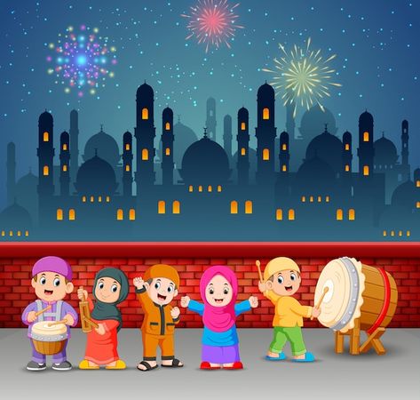 The children are plating the music tools... | Premium Vector #Freepik #vector #muslim-cartoon #muslim-boy #moon-cartoon #muslim-kids Bon Ramadan, Poster Ramadhan, Muslim Kids Activities, Happy Muharram, Ramadan Poster, Eid Mubarak Greeting Cards, Eid Stickers, Ramadan Kareem Decoration, Ramadan Activities