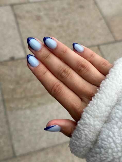 Light Blue And Dark Blue French Tips, Light Blue Nails With Dark Blue Tips, Dark Blue And Light Blue Nails, Light Blue And Dark Blue Nails, Nail Inspo Baby Blue, Blue Nails For Winter, Dark Blue Nails French Tip, Baby Blue French Nails, Simple Blue Nail Designs