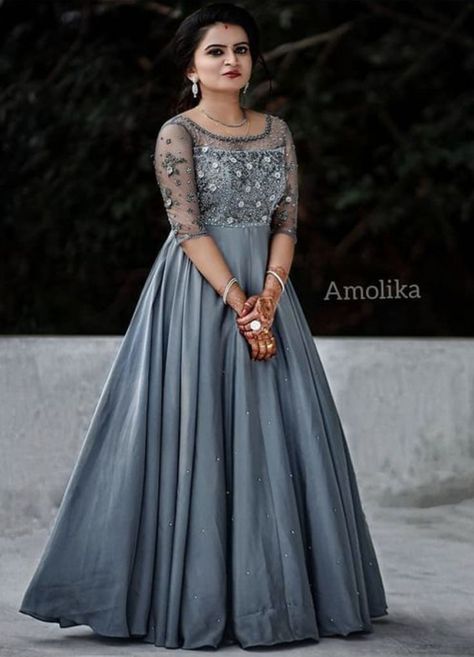 Satin And Net Gown, Satin Gown Designs Latest, Full Chudi Designs, Net Long Gown Design, Long Gown Designs Gorgeous Dress, Netted Gown Designs, Full Frock Designs For Women Party Wear, Long Gown Dress Party Wear Net, Indian Gowns Dresses Latest