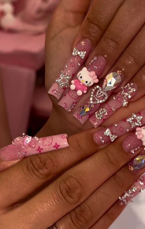 Hello Kitty Louis Vuitton Nails, Hello Kitty Baddie Nails, Long Cute Nail Designs, Hello Kitty Press On Nails, Hello Kitty Nail Set, Japanese Nail Art Kawaii, Y2k Hello Kitty Pfp, Hello Kitty Nail, Kitty Nail