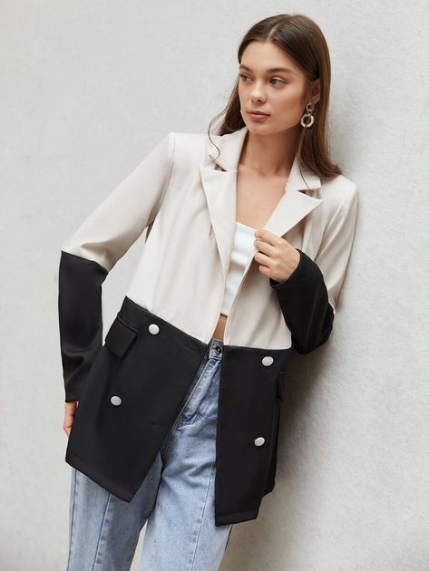 SHEIN Two Tone Double Breasted Blazer | SHEIN Two Tone Outfit, Two Tone Blazer, Double Cuff, Breasted Blazer, Double Breasted Blazer, Blazer Fashion, Shein Style, Fit Inspo, Fitness Inspo