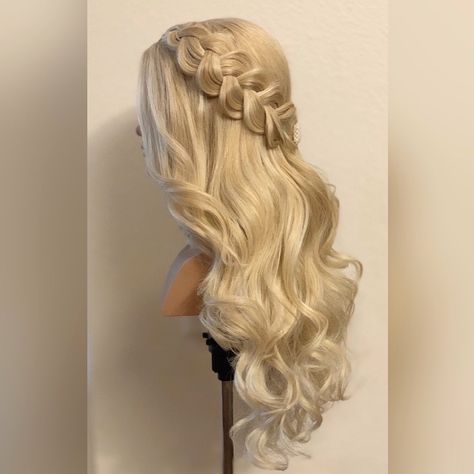 Bride Hairstyles Curls, My Hairstyles, Half Up Half Down Wedding Hair Vintage, Victorian Hairstyles Half Up, Long Wavy Wedding Hair, Half Up With Braid, Hollywood Curls With Braid, Long Blonde Wavy Wedding Hair, Intricate Half Up Half Down Hair