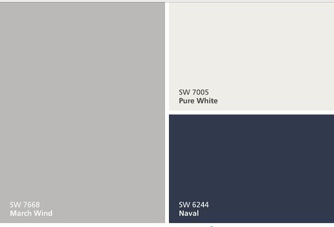 Exterior Color Palette: Siding Paint Color: Sherwin Williams SW7668 March Wind. Trim Paint Color: Sherwin Williams SW7005 Pure White. Front Door Paint Color: Sherwin Williams SW6244 Naval. Front Door Paint, White Front Door, Trim Paint Color, Exterior Color Palette, Interior Paint Colors Schemes, Trim Paint, Door Paint, Color Combinations Paint, Front Door Paint Colors