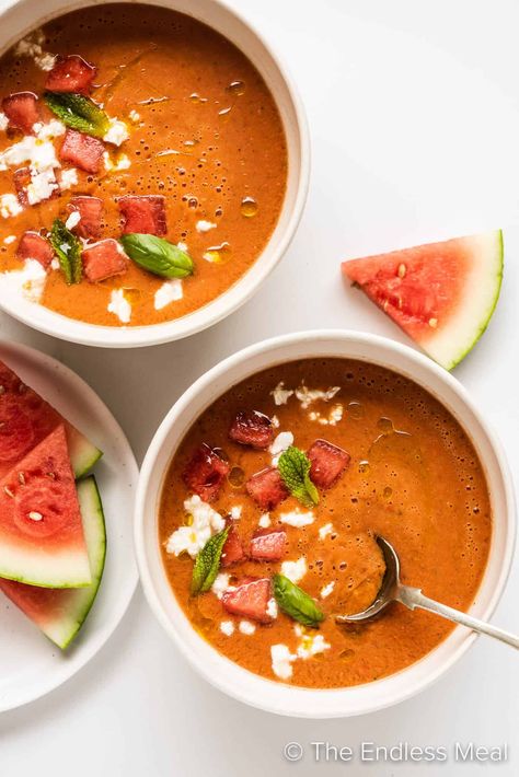 This summery watermelon gazpacho celebrates the best of the season! It's an easy-breezy recipe filled with juicy watermelon and fresh summer veggies. Sip it from a cup or eat it with a spoon for a refreshing and healthy light lunch or dinner. #theendlessmeal #gazpacho #watermelon #watermelongazpacho #soup #summer #summersoup Gazpacho Watermelon, Watermelon Gazpacho Recipe, Soup Summer, Healthy Light Lunches, Watermelon Soup, Summer Soup Recipes, Best Watermelon, Gazpacho Recipe, Summer Soup