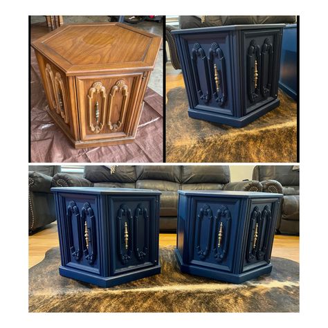 Mcm End Table Makeover, Hexagon Side Table Makeover, Hexagon Table Makeover, Hexagon End Table Makeover, Villain Bedroom, Hexagon End Table, Goth Furniture, Revamping Furniture, Transform Furniture