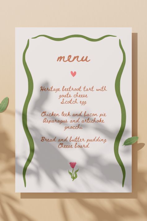 My hand painted tulip menu design. Fully customisable to suit your occasion! I hand paint all my designs in my home studio with traditional mediums like watercolour and gouache, before turning them into digital designs. I love to be able to combine this unique, very personal touch with editable sections - meaning you get a custom-like finish for a fraction of the price! Watercolor Menu, Menu Card Design, 21 Diner, Baby Shower Menu, Spring Menu, Card Design Handmade, Digital Menu, Eclectic Wedding, Spring Party