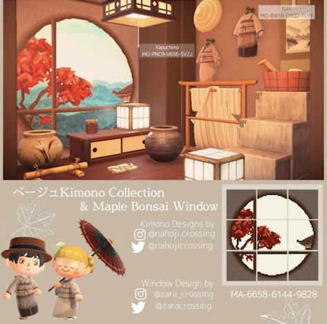 Acnh Window Code, Animal Crossing Kimono, Acnh Zen Path Design, Acnh Wall Code, Dojo Design, Maple Bonsai, Japanese Shrine, Animal Crossing 3ds, Japanese Lantern