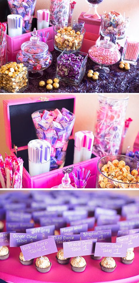 Buffet At Wedding, Purple Candy Bar, Gold Candy Bar, Wedding With Purple, Purple Place, Candy Buffet Tables, Candy Bar Wedding, Gold Candy, Candy Station