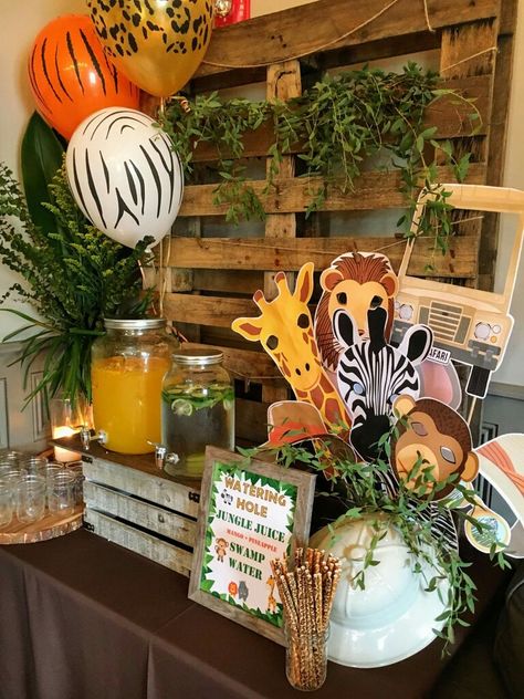 Safari 2nd Birthday Party Boy, Safari 1st Birthday Party Boy, Safari Birthday Party Ideas, Jungle Safari Birthday Party, Safari Theme Birthday Party, Swamp Water, Jungle Theme Birthday Party, Zoo Birthday Party, Jungle Thema