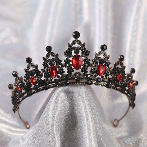 Red Tiara Crowns, Black And Red Crown Queen, Red And Black Tiara, Red Crown Aesthetic, Crown With Red Jewels, Dark Red Crown, Black And Red Crown, Red Crowns, Ruby Crown