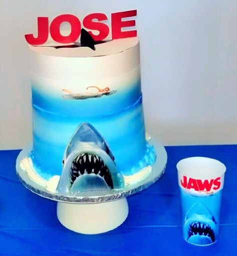 Jaws Cake Ideas, Jaws Birthday Cake, Jaws Cake, Jaws Party, Elena Birthday Party, Jaws Shark, Shark Themed Party, 90s Party, Brother Birthday