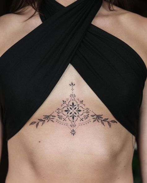 Sternum Ornamental Tattoos #tattooideas #tattooideasforgirls #tattooideasforguys #womenstattoo #tattoodesign #tattoostyle Chest Sternum Tattoo Female, Ornamental Tattoo Design Chest, Ornamental Underboob Tattoo, Sternum Ornamental Tattoo, Geometric Sternum Tattoo, Big Sternum Tattoo, Delicate Sternum Tattoo, Ornamental Sternum Tattoo, Baby Owl Tattoos