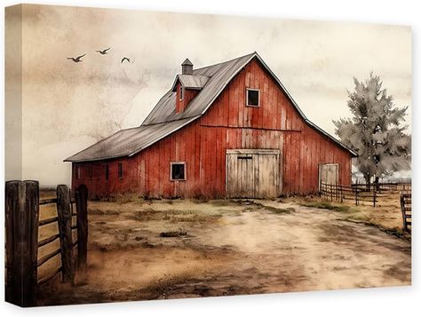 Amazon.com: CCWACPP Barn Pictures Wall Decor Old Farmhouse Canvas Wall Art Rustic Red Barn Painting Print Living Room Kitchen Decor Frame (Barn - 2, 24.00" x 36.00"): Posters & Prints Kitchen Decor Frames, Red Barn Painting, Barn Wall Art, Farmhouse Paintings, Living Room Kitchen Decor, Farmhouse Canvas, Barn Pictures, Farm Pictures, Pictures Wall Decor