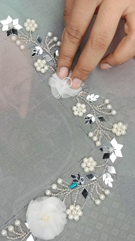 Hand Work Embroidary  Fabric Flower and Mirror work   Beautiful Neck Design  Kurti Neck Design / Trendy Kurti Design / Neck Design Ideas  Full cutting and stitching visit channel 😍😍👇((CHANNEL LINK BIO ))👇😍😍  #neckdesign #kurtineckdesign #neck #kurti #ideas #sewing #sew #trendy #trends #styles #reel #thesewingroom #viral #viraldesigns Neck Design Kurti, Neck Design Ideas, Embroidery Design Flower, Mirror Work Dress, Stitching Styles, Kurti Ideas, Trendy Kurti, Kurti Neck Design, Design Kurti