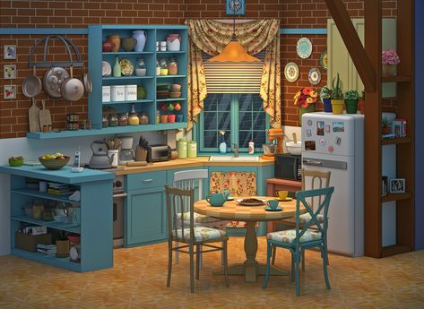 Tv Show Apartments, Monicas Apartment Layout, Monica Geller Apartment, Friends Room Decor Tv Show, Monicas Kitchen, Friends Diorama, Scene Moodboard, Monica's Apartment, Show Kitchen