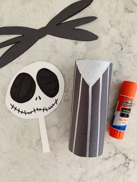 Jack Skellington Toilet Paper Roll Craft - Electric Mommy Halloween Decorations Toilet Paper Rolls, Nightmare Before Christmas Crafts Easy, Jack Skellington Crafts For Kids, Toilet Paper Roll Crafts Halloween, Nightmare Before Christmas Crafts Kids, Jack Skellington Crafts, Christmas Toilet Paper Roll Crafts, Nightmare Before Christmas Crafts, Halloween Toilet Paper Roll Crafts