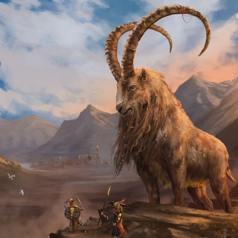 Ram Fantasy Art, Giant Ram Fantasy Art, Fantasy Goat Art, Giant Elk Fantasy Art, Eastern Fantasy Art, Giant Goat Dnd, Desert Creatures Fantasy Concept Art, Fantasy Sheep Creature, Sheep Fantasy Art