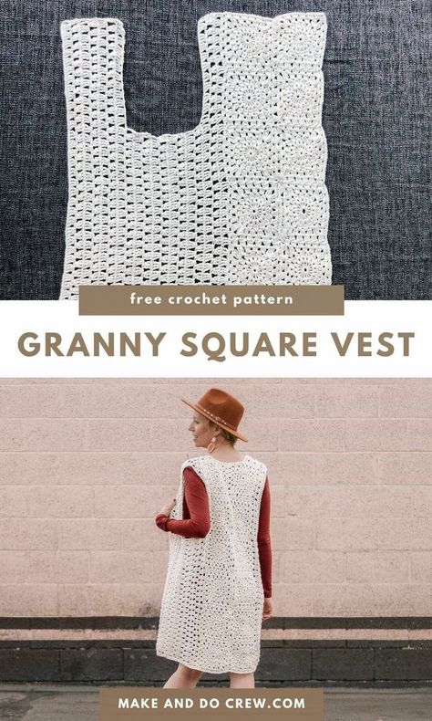 Learn how to crochet a granny square vest with this free crochet pattern from Make and Do Crew. Using sunburst granny squares and granny stitch, make this a lightweight crochet vest you’ll reach all year round. Wear this sleeveless cardigan sweater over tank tops, long sleeves, or dresses. Add a little edgy crochet to your wardrobe and visit the blog to get the free boho crochet vest pattern today! | Crochet Clothing and Accessories Crochet Granny Square Vest Pattern, Modern Granny Squares, Granny Square Vest Pattern, Long Vest Pattern, Edgy Crochet, Crochet Granny Square Vest, Crochet Vest Pattern Free, Granny Square Vest, Cardigan Sweater Pattern