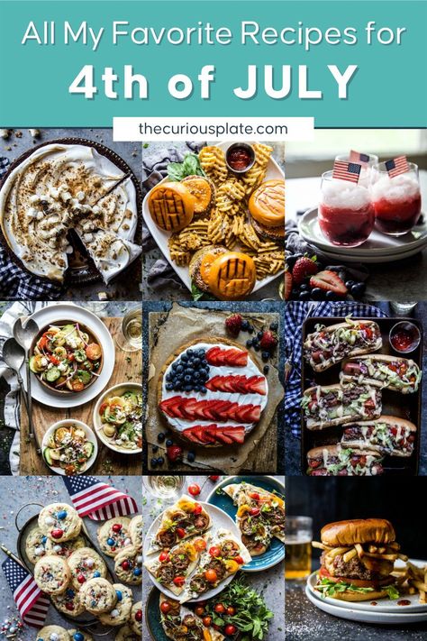 Over 49 Easy Fourth of July Recipes is a collection of simple recipes to make for the Fourth of July! From scrumptious appetizers to refreshing cocktails to juicy grilled burgers & hot dogs, and patriotic-themed desserts. These Fourth of July recipes are fun, easy to make, and will get you excited to celebrate America’s birthday! | 4th of july food | grilling recipes | summer recipes | Summer Sides Recipes, Fourth Of July Recipes, 4th July Food, Healthy Dinner Options, July Recipes, Fourth Of July Food, Grilled Burgers, Hot Dog Recipes, Themed Desserts