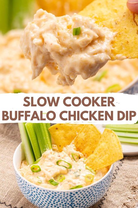 Slow cooker buffalo chicken dip in a crock pot with recipe title text. Chicken Dip Crock Pot, Crockpot Treats, Slow Cooker Buffalo Chicken Dip, Slow Cooker Buffalo Chicken, Buffalo Chicken Dip Crock Pot, Crock Pot Dips, Buffalo Chicken Dip Recipe, Easy Beef Stew, Healthy Dips