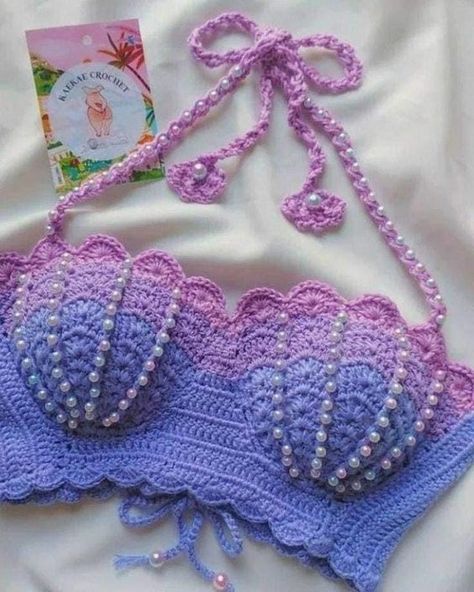 Crochet Mermaid Top Pattern Free, Crochet Top With Pearls, Crop Top Crochet Outfits, Crochet Best Sellers, Mermaid Crochet Top, Crochet Mermaid Top, Crochet Shoe, Crochet Bra Pattern, Greek Designs