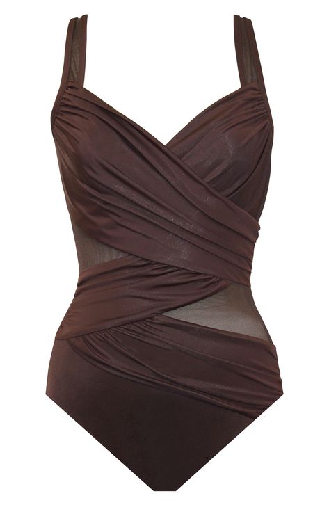 Draped panels and angled mesh insets sculpt knockout curves in a one-piece swimsuit enhanced by smoothing, shaping Miratex® fabric. Look 10 pounds lighter in 10 seconds!® Soft cups V-neck Adjustable straps Full back coverage 69% nylon, 31% Lycra® spandex with 82% nylon, 18% Lycra spandex contrast Partially lined Hand wash, line dry Imported Women's Clothing Brown Swimsuit, Iron Body, Drape Panel, Beach Shop, Swim Suits, 10 Seconds, Fun Time, 10 Pounds, Underwire Bra