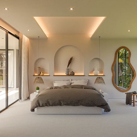 Modern Tropical Bedroom, Mediterranean Bedroom Design, Modern Tropical Design, Modern Mediterranean Bedroom, Aesthetics Bedroom, Bali Bedroom, Mirror Decorations, Resort Interior Design, Mediterranean Bedroom