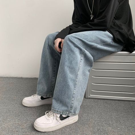 Baggy Stacked Jeans Mens Pants Streetwear Clothing Denim Skater Wide Leg Distressed Low Rise Elastic Waist Hip Hop Straight Leg Mens Baggy Jeans, Korean Trousers, Korean Jeans, Pants Korean, Buckle Jeans, Denim Jeans Fashion, Trousers Casual, Cargo Shorts Men, Raw Denim