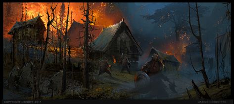 For Honor : Village Under Attack by MaxD-Art Viking Village Fantasy Art, Viking Village Art, Fantasy Viking Village, Norse Village Art, Viking Fantasy Art Landscape, Dragon Burning Village, Environment Studies, Dragon Attacking Village, Future Artwork