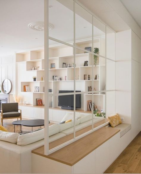 Entryway Partition Wall, Entryway Separation, Glass Partition Living Room, Studio Apartment Divider, Small Apartment Design, Studio Apartment Layout, Small Studio Apartments, Studio Apartment Ideas, Living Room Partition