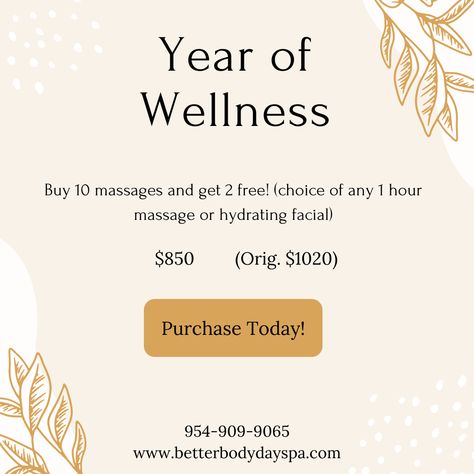 Year of wellness package is on sale right now for only $850! You don't want to miss out on this big sale! Offer valid until January 1st, 2022. Give us a call at 954-909-9065! Massage Special Offers, Massage Package Ideas, Massage Therapy School, Beauty Salon Marketing, Massage Packages, Therapy Business, Massage Therapy Business, Spa Specials, Massage Business