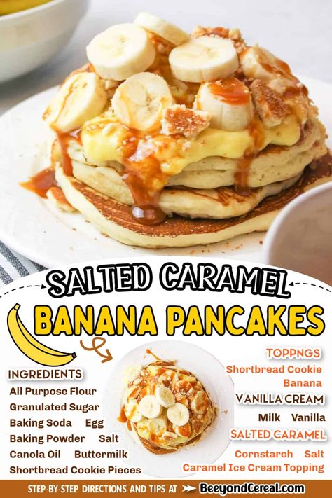 Caramel Banana Pancakes, Denny's Salted Caramel Banana Pancakes, Banana Coconut Pancakes, Banana Cream Pancakes, Salted Caramel Pancakes, Banana Pudding Pancakes, Pancakes Toppings Ideas, Caramel Pancakes, Pancakes Ideas