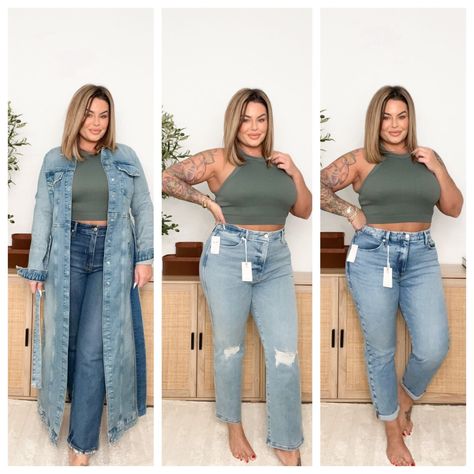 Plus Size Crop Top Outfit, Cropped Denim Jacket Outfit, Plus Size Crop Top, Curvy Girl Outfits Summer, Plus Size Crop Tops, Casual Outfits For Moms, Denim Jacket Outfit, Crop Top Outfits, Cropped Denim Jacket