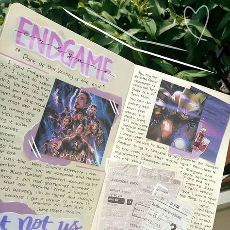 Book Review Bullet Journal, Marvel Journal, Movie Scrapbook, Diary Collage, Marvel Endgame, Endgame Avengers, Marvel Books, Scrapbook Planning, Creative Diary