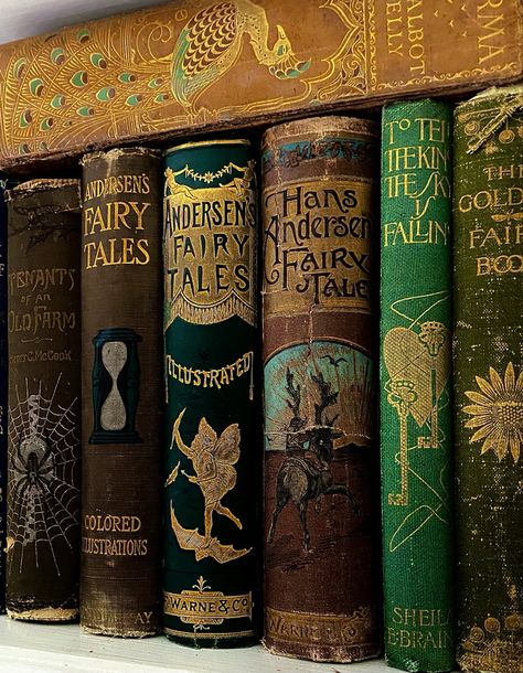 Glorious decorative vintage book spines. The best of antique books with stories about authors, collectors, magical things. Old Book Collection, Classic Fairytale Books, Vintage Candy Aesthetic, Old Fairytale Books, Fairy Book Aesthetic, Fairytale Book Aesthetic, Fairytale Book Cover, Old Books Aesthetic, Fantasy Childhood