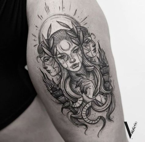 Grecian Tattoo, Hecate Goddess Tattoo Design, Siren Tattoo Goddesses, Hecate Tattoo, Greek Goddess Tattoo, Upper Leg Tattoos, Witchcraft Tattoos, 2024 Tattoo, Backpiece Tattoo