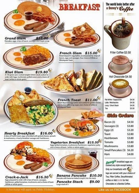 Dennys Breakfast, Breakfast Menu Design, Breakfast Diner, Diner Menu, Diner Recipes, Healthy Breakfast Recipes Easy, Food Menu Design, Breakfast Menu, Cafe Menu