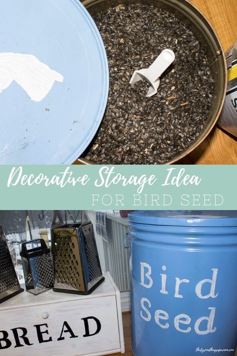 DIY Decorative Bird Seed Storage made from an upcycled rusted out container. Plus enter the giveaway to win your own stencils! Bird Seed Storage Ideas, Bird Food Storage Ideas, Bird Seed Storage, Painted Trash Cans, Household Necessities, Seed Storage, House Organization, Diy Birds, Bird Seed