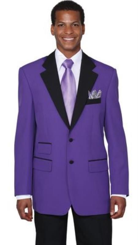 Two Button Single Breasted Notch Lapel Ticket Pockets One Chest Pocket Two Flap Front Pockets Made of poly poplin Solid black pleated baggy pants Color: Purple Groomsmen Tuxedos Black, Purple Prom Suit, Purple Tuxedo, Groomsmen Tuxedos, Prom Tuxedo, Cheap Suits, Church Clothes, High Fashion Men, Women Church Suits