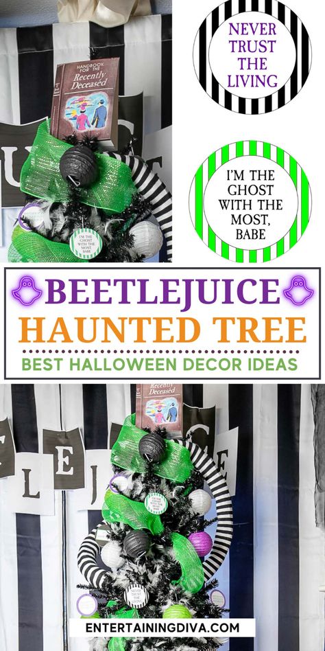 Beetlejuice Halloween Tree | Halloween Trees Haunted Wonderland, Easy Diy Ornaments, Diy Halloween Tree, Beetlejuice Party, Unique Tree Toppers, Halloween Tree Decorations, Haunted Tree, Beetlejuice Movie, Beetlejuice Halloween