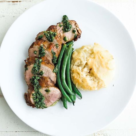 Chef Billy Parisi - Roasted Pork Tenderloin with Gremolata Pork Tenderloin Plating, Scallop Potatoes, Roasted Pork Tenderloin, Chef Billy Parisi, Scalloped Potatoes Recipe, Billy Parisi, Pork Tenderloin Recipe, Plating Ideas, Roasted Pork Tenderloins