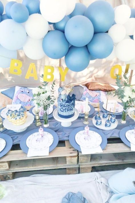 Check out this fabulous Eeyore themed baby shower! Love the table settings!! See more party ideas and share yours at CatchMyParty.com Eeyore Party, Eeyore Baby Shower Ideas, Baby Shower Party Planning, Baby Boy Shower Party, Baby Shower Cakes For Boys, Baby Shower Photos, Boy Baby Shower Themes, Baby Shower Party Favors, Baby Shower Food