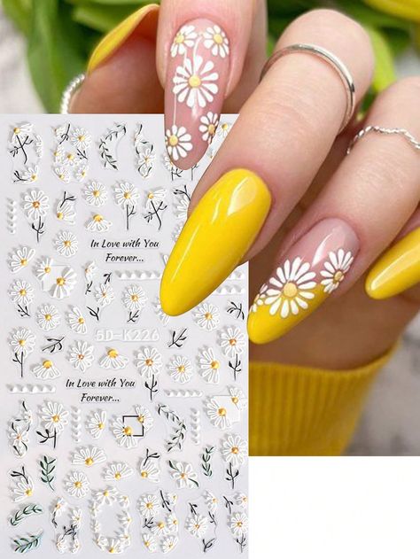 1pc 5D Daisy Flower Nail Sticker Decal Simple White Flowers Summer Design Acrylic 5D Embossed Adhesive Sliders Manicure Decoration Nail Stickers DIYI discovered amazing products on SHEIN.com, come check them out! Nails With Daisies, Daisy Acrylic Nails, Nail Stickers Designs, Animal Geometric, Nail Stickers Decals, Daisy Nails, Sticker Designs, Flower Nail, Flowers Summer