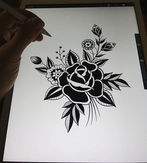 Drawing a big Blackwork floral  . . . . . . . . . . . . . . . #black #newhaven #tattoo #rose #floral #blackwork #traditional #flower #drawing #traditionaltattoo Blackwork Floral, Traditional Tattoo Flowers, Rose Tattoo Sleeve, Drawing Floral, Neotraditional Tattoo, Rose Tattoos For Men, Traditional Flower, Black Rose Tattoos, Tattoo Rose